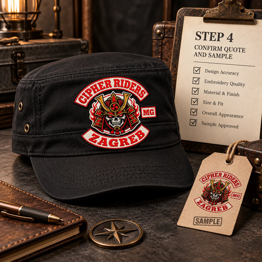 Finished black military cadet cap beside a sample approval checklist for a motorcycle club.