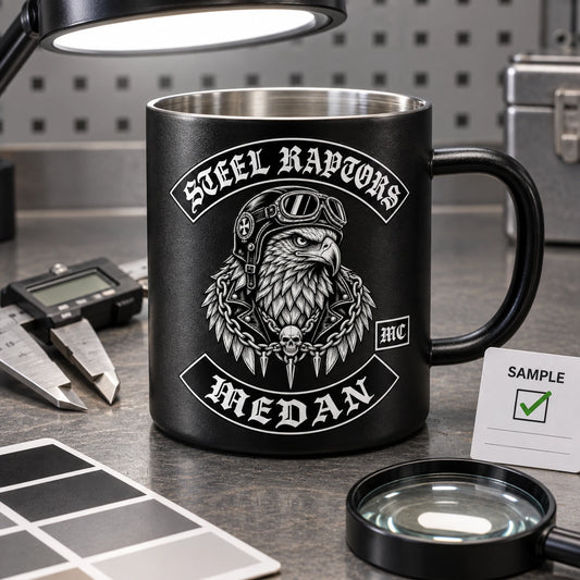 Quality-control sample mug under neutral inspection light displaying an authorized logo for a custom motorcycle club metal mug project.