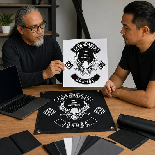 A club representative submitting authorized artwork for a custom motorcycle event banner.