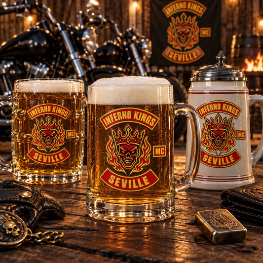 Custom motorcycle club beer mugs: Outdoor annual rally display of heavy glass mugs beside parked V-twin motorcycles.