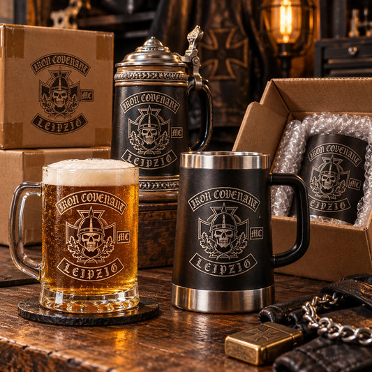 Custom motorcycle club beer mugs: Finished club-logo custom beer mugs inspected and packed in protective cartons for worldwide shipping.