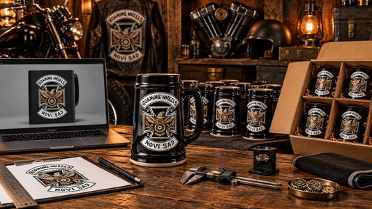 Custom motorcycle club beer mugs: Wide quality-control table showing digital mockup, one club-logo sample mug, inspection tools and packed production set, no readable text.