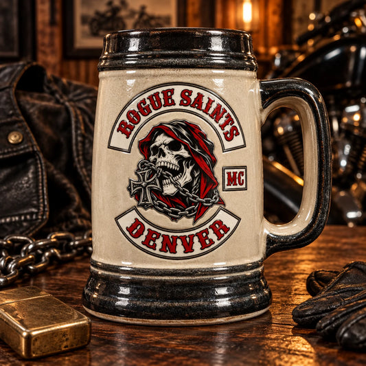 Custom motorcycle club beer mugs: Substantial charcoal and cream stoneware beer stein with club-logo medallion area.