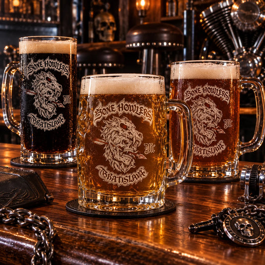 Custom motorcycle club beer mugs: Heavy glass mugs arranged on a warm timber clubhouse bar with black leather stools and chrome motorcycle details.