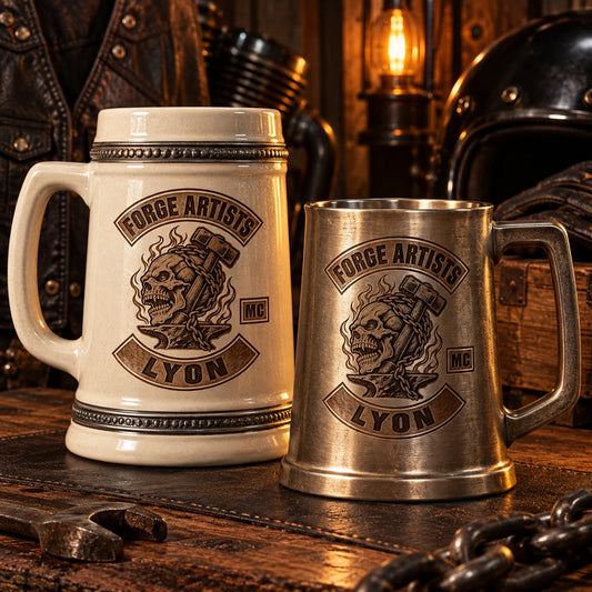 Custom motorcycle club beer mugs: Premium boxed ceramic stein and metal tankard for founder and officer gifts.