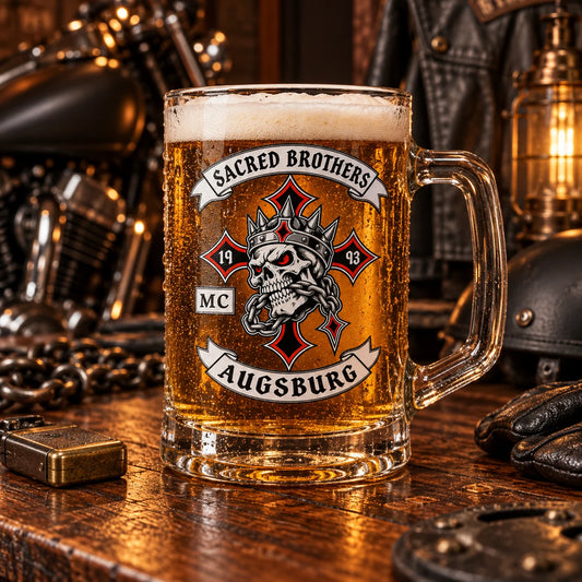Custom motorcycle club beer mugs: Premium glass mug showing a richly colored but non-symbolic abstract custom print sample.