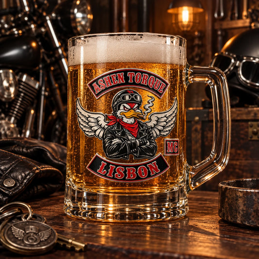 Custom motorcycle club beer mugs: Heavy clear glass beer mug with thick walls, broad handle and heavy base.