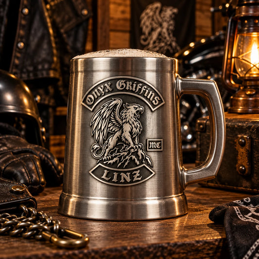 Custom motorcycle club beer mugs: Brushed stainless steel tankard with substantial handle and club-logo emblem area.