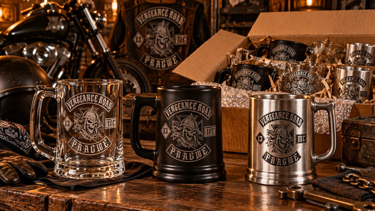 Custom motorcycle club beer mugs: Wide production and packing scene with glass, ceramic and metal mug options organized for an international motorcycle club order.