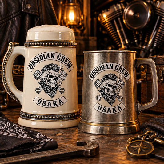 Custom motorcycle club beer mugs: Ceramic stein and metal tankard displayed as premium officer and founder gifts.