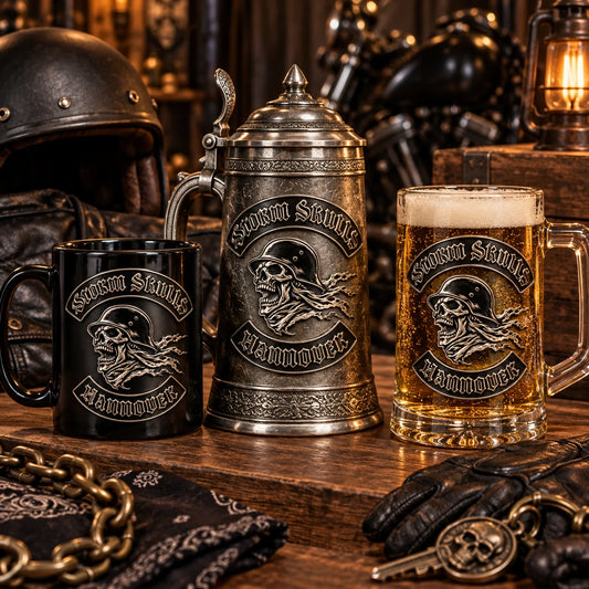 Custom motorcycle club beer mugs: Premium glass, ceramic and metal mugs arranged as an officer gift set with club-logo title areas.