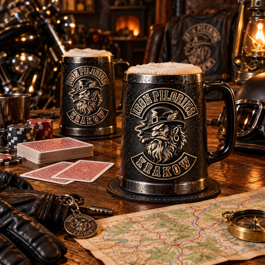 Custom motorcycle club beer mugs: Motorcycle poker-run checkpoint table with club-logo mugs, cards face down and road map.