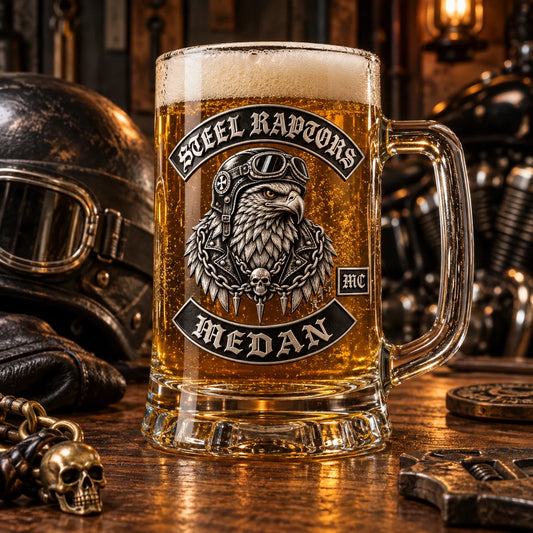 Custom motorcycle club beer mugs: Clean production view of one-color screen printing on a clear glass mug with an abstract non-text mark.
