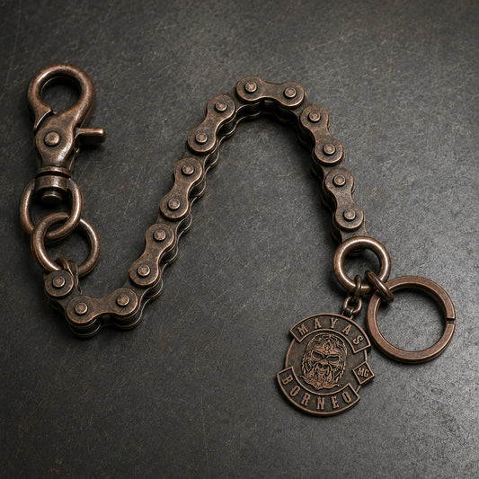 Mechanical roller-link biker wallet chain with a swivel clasp, split wallet ring and metal motorcycle club tag.