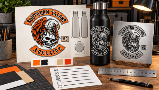 Motorcycle club bottle artwork moving from logo preparation to proof approval.