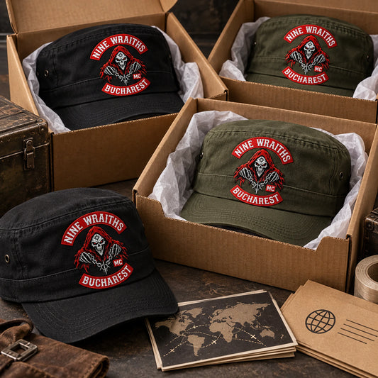 Finished military cadet caps packed in cartons for worldwide club shipping.