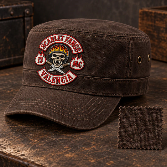 Brown canvas cadet cap displayed with a heavy canvas fabric swatch for a motorcycle club.