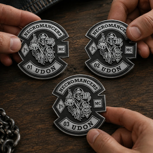 Coordinated motorcycle club anniversary pin editions adapted for different chapters and locations.