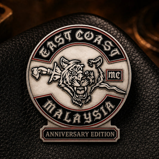One-piece East Coast motorcycle club chapter anniversary badge with an integrated Anniversary Edition plaque.