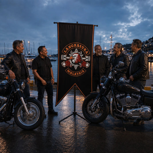 Motorcycle club chapter riders gathering beside their custom swallowtail flag at a harbor after a ride.
