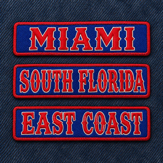 Chapter identification name bars showing city and regional identity, consistent club colors and workmanship, showing custom motorcycle club name bar patch options.