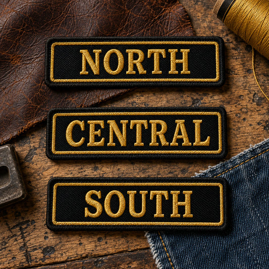 Chapter identification name bars showing city and regional identity, consistent club colors and workmanship, showing custom motorcycle club name bar patch options.
