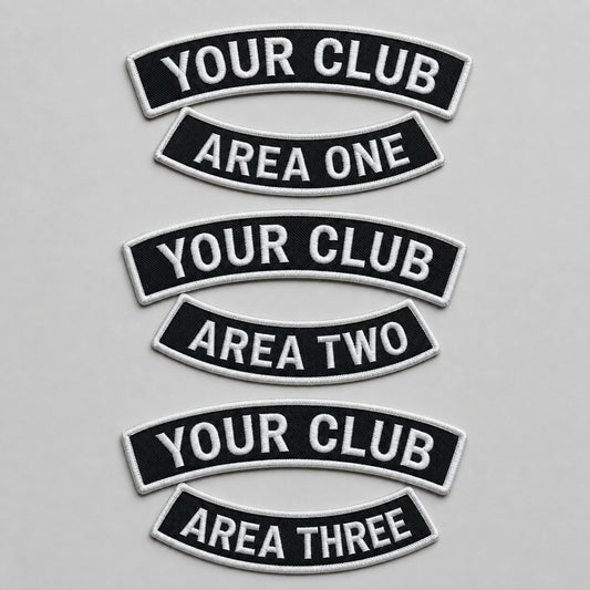 Custom motorcycle club chapter rocker variations shown as coordinated embroidered pairs with neutral placeholder wording.