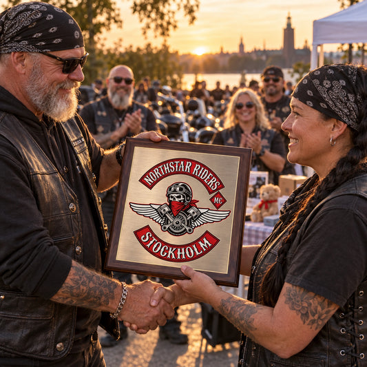 Motorcycle club charity ride plaque presented to an important event contributor.