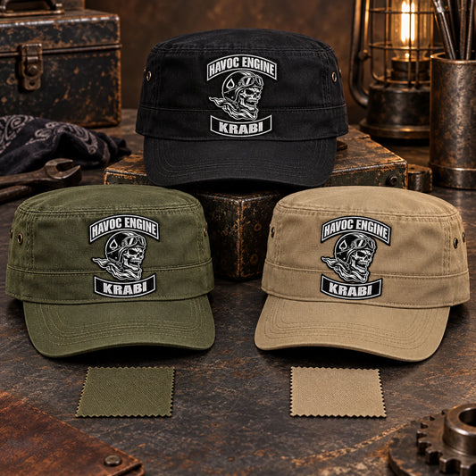 Black, olive and khaki military cadet cap samples with fabric swatches for a motorcycle club.