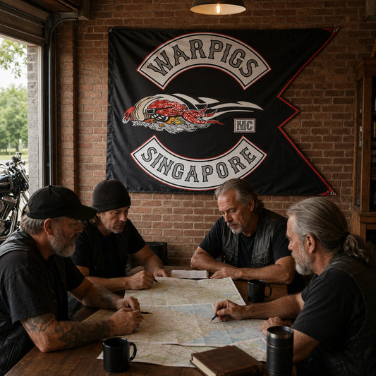 Motorcycle club members planning a ride beneath a custom swallowtail flag in their clubhouse.