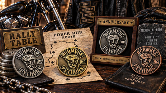 Motorcycle club challenge coins created for rallies, rides and milestones.