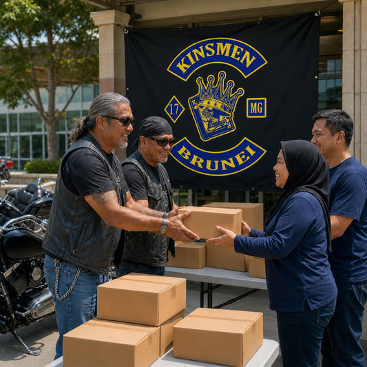 Motorcycle club riders delivering donations beneath a custom charity ride banner.
