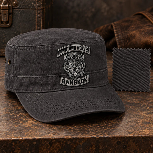 Charcoal cotton twill cadet cap displayed with a matching fabric swatch for a motorcycle club.