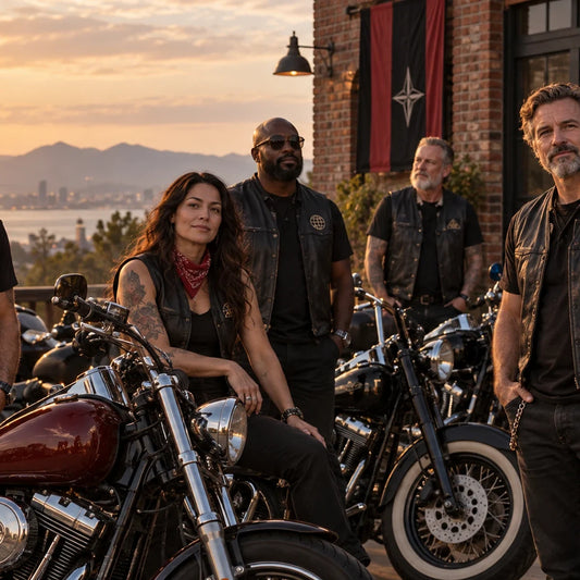 Mature motorcycle club members discussing riding traditions inside a clubhouse.