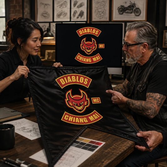 Designer and motorcycle club representative reviewing a custom swallowtail flag sample in the studio.