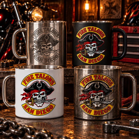 Four coordinated metal mugs comparing neutral decoration finishes displaying an authorized logo for a custom motorcycle club metal mug project.