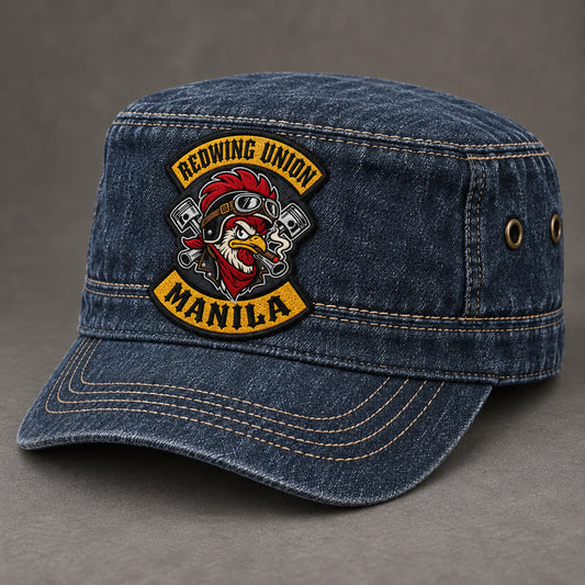 Washed denim military cadet cap with contrast stitching and authorized club patch.