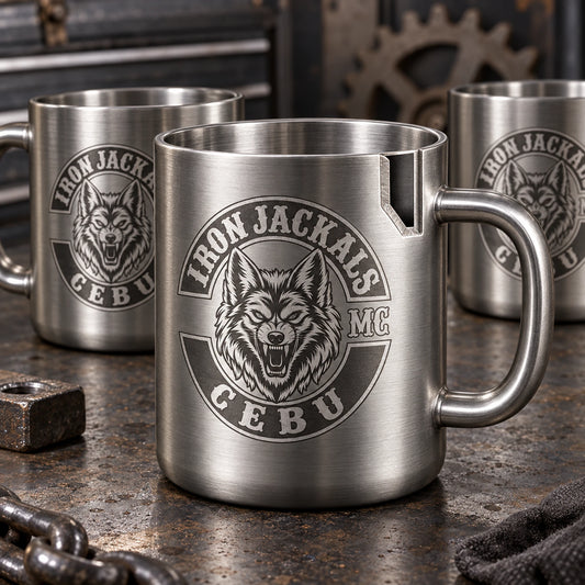Double-wall metal mug cutaway concept without labels displaying an authorized logo for a custom motorcycle club metal mug project.