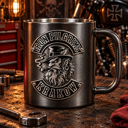 Applied raised blank metal badge concept displaying an authorized logo for a custom motorcycle club metal mug project.