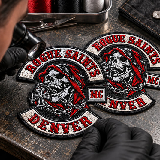 Two matching dense embroidered chest patches from repeat runs for a motorcycle club, shown at industrial embroidery inspection bench.