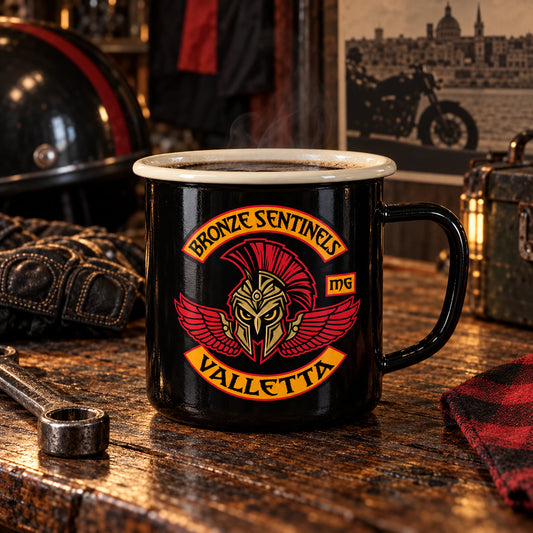 Black enamel-coated steel camp mug with cream rim displaying an authorized logo for a custom motorcycle club metal mug project.