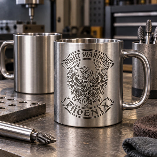Etched monochrome blank crest on stainless mug displaying an authorized logo for a custom motorcycle club metal mug project.