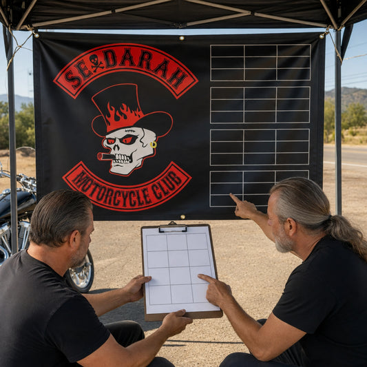 Rally organizers checking event details on a custom motorcycle club banner.