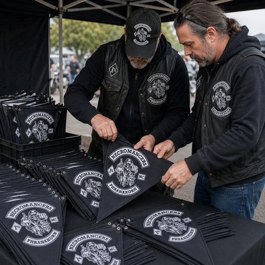 Motorcycle rally volunteers arrange a coordinated order of custom club triangle flags at registration.