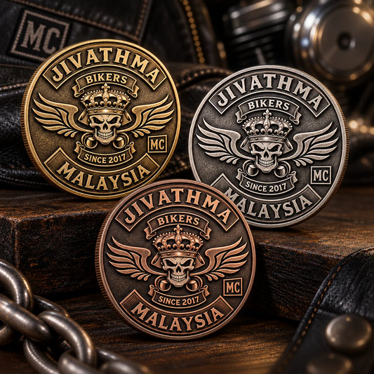Motorcycle club chapter challenge coins arranged for exchange and collecting.