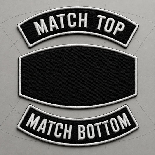 Custom motorcycle club rocker samples matched to a neutral blank center patch on a layout board.