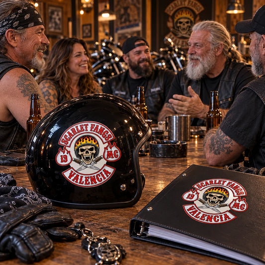 Adult motorcycle club members gathering after a ride with matching club stickers on a helmet and chapter binder.