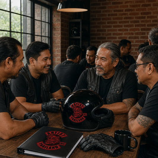 Adult motorcycle club members gathering after a ride with matching club stickers on a helmet and chapter binder.