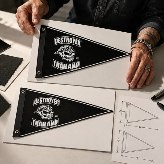 A senior designer presents a tailored triangle flag concept based on the motorcycle club's approved logo.