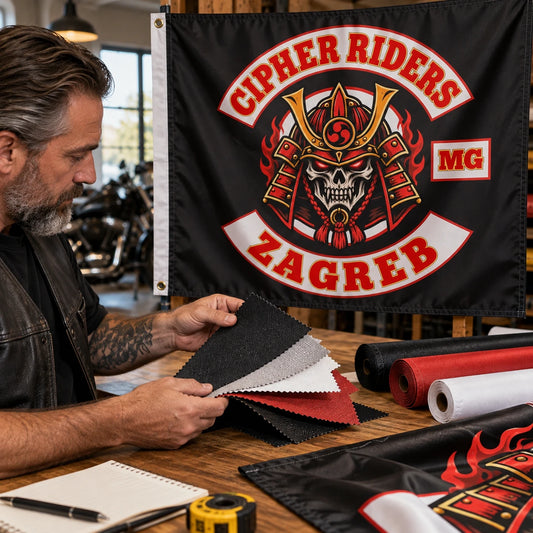 Motorcycle club members use a custom rectangular flag for material selection in a realistic American V-twin setting.